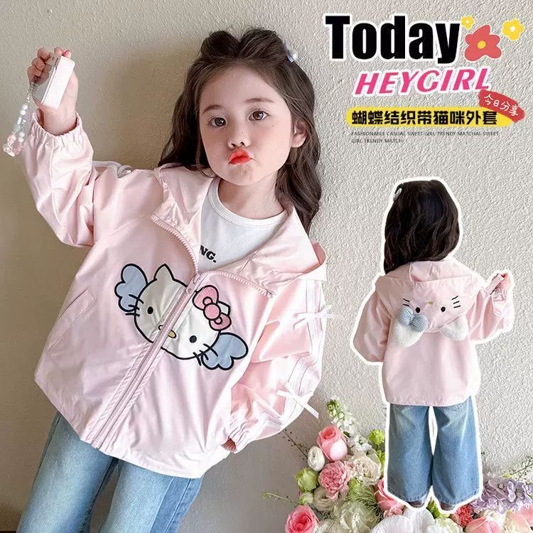Áo khoác bé gái Áo khoác Hello Kitty Quần áo Hello Kitty Trẻ em Áo khoác mèo nơ bé gái có mũ trùm đầ