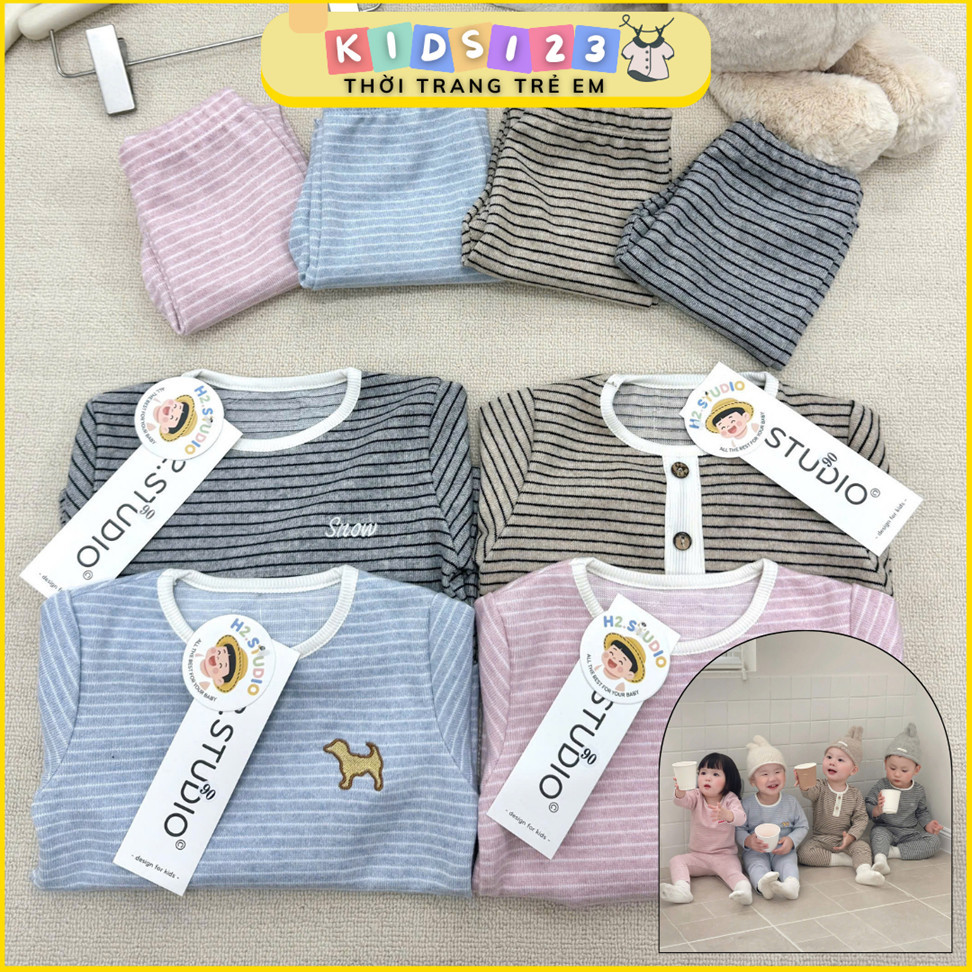 Bộ dài tay lông thỏ kẻ ngang cho bé trai bé gái thêu Cún hello kitty snow tone xám xanh nâu hồng mềm