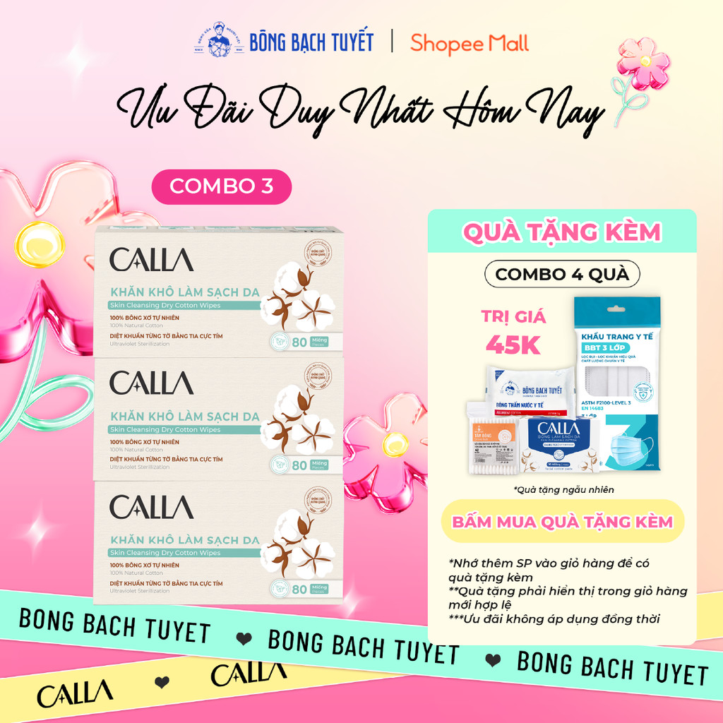 Combo 3 hộp khăn khô Bông Bạch Tuyết làm sạch da Calla đa năng 80 miếng/hộp - bông tẩy trang