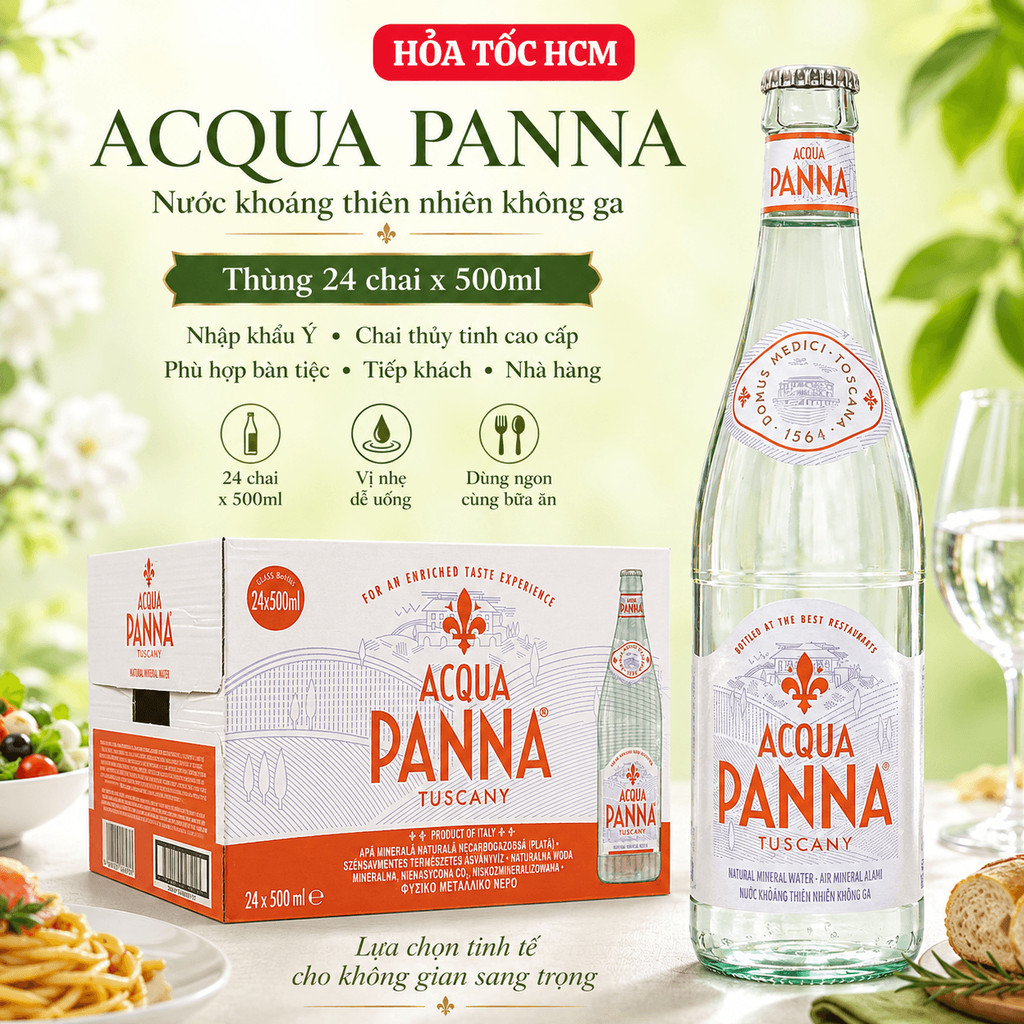 Nước khoáng Acqua Panna thùng 24 chai 500ml | Nước khoáng không ga chai thủy tinh cao cấp từ Ý