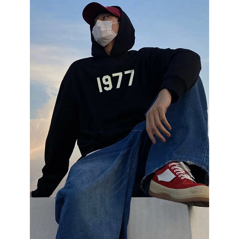 XQM5 Double Line ESSENTIALS 1977Flocked hoodie FOG Loose-fitting trendy sweatshirt
