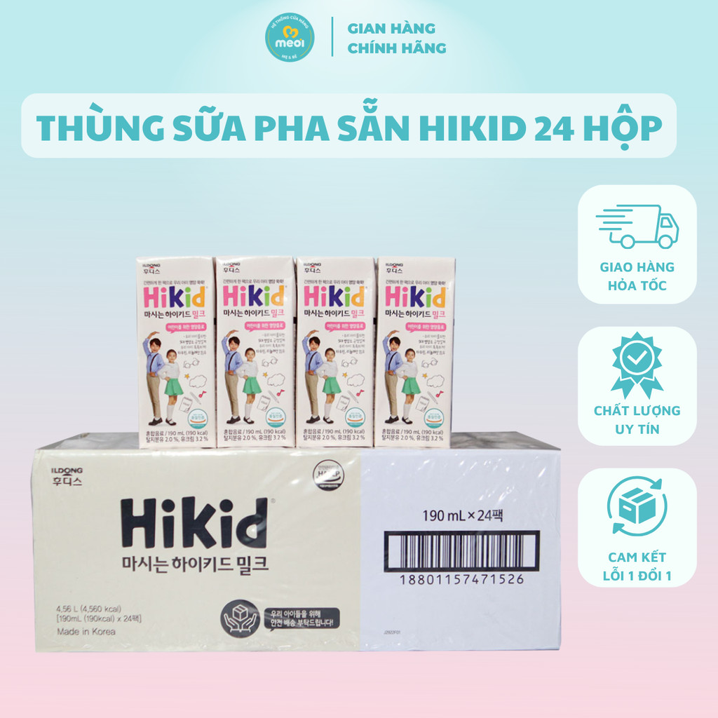 THÙNG Sữa Hàn Quốc Hikid pha sẵn, Sữa Bột Pha Sẵn Hikid nước, thùng 24 hộp *190ml