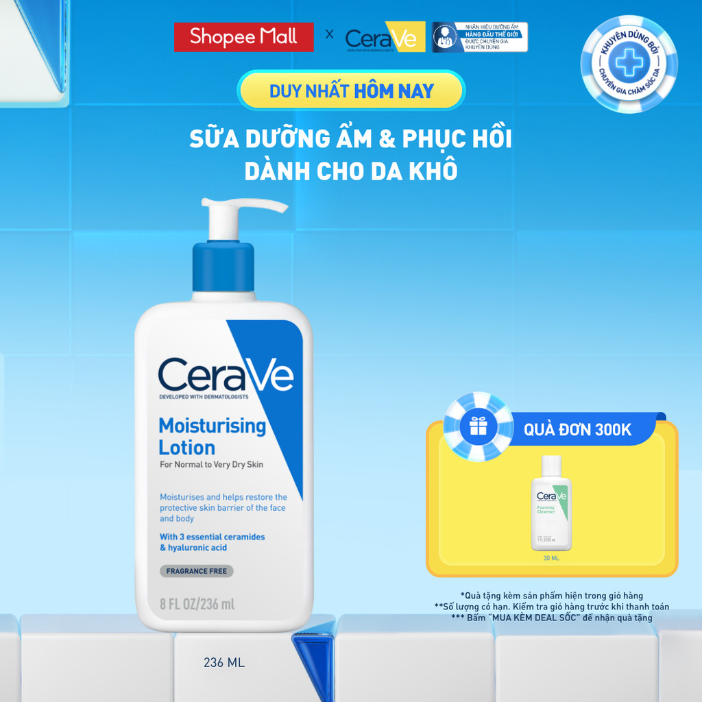 Sữa dưỡng ẩm phục hồi chuyên sâu và giữ da ẩm mịn suốt 48H, duy trì hàng rào bảo vệ da CERAVE MOISTURISING LOTION 236ML