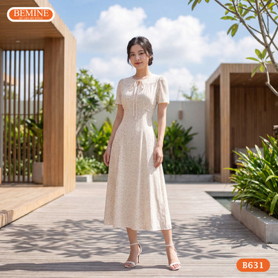Đầm thiết kế BEMINE cổ tròn có dây nơ hoa dáng chữ A phù hợp đi chơi-B631