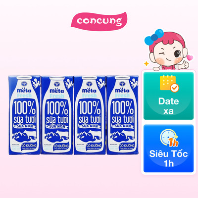 Thùng sữa tươi có đường bổ sung sữa non Metafresh 180ml, lốc 4 hộp