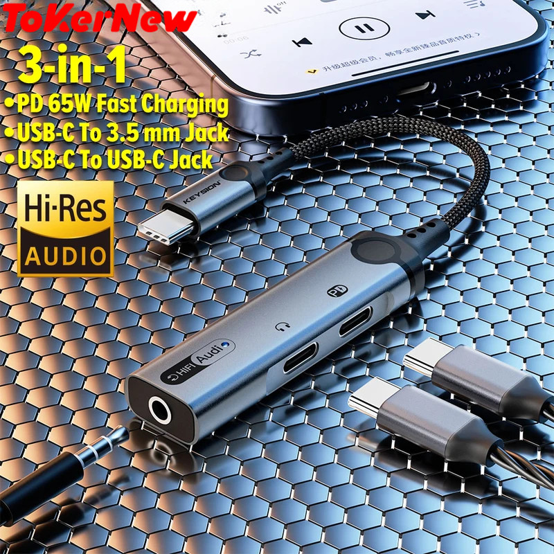ToKerNew 3 in 1 Type C to 3.5mm Earphone DAC Audio Dual Type C Headphone Jack Adapter PD60W Fast Cha