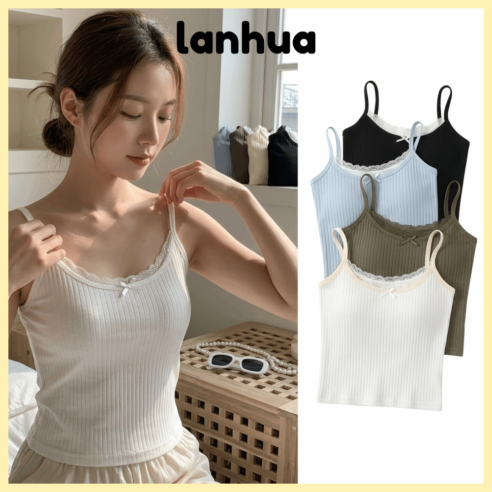 LANHUA Spaghetti Dây Tank, Ren Viền Nơ Accent Ren Cami Top, Thời Trang Không Tay Spaghetti Dây Gân Đ