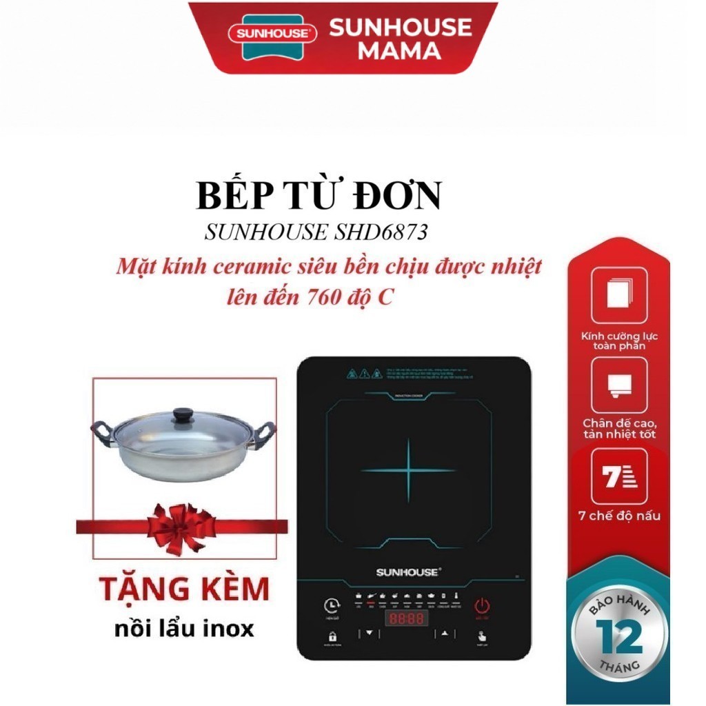 BẾP TỪ ĐƠN SUNHOUSE SHD6873_Tặng Kèm Nồi Lẩu Inox