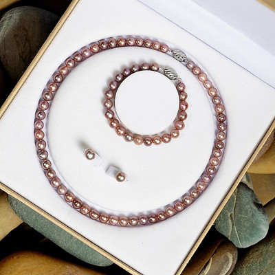 Bộ Trang Sức Hạt Ngọc Trai 3 Món 8-9ly Màu Hồng Ánh Tím - Ngọc Trai Trường Thịnh