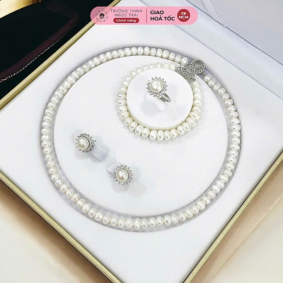 Bộ Trang Sức Ngọc Trai Bắp Dẹt 7ly Độ Sáng 5A Khóa Và Phụ Kiện Bạc - Ngọc Trai Trường Thịnh