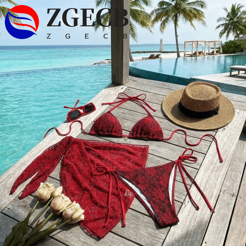 ZGECB Bộ Bikini Brazil Gợi Cảm, Váy Halter Cover Đồ Bơi Ba Mảnh, Bơi Nylon Lưới Đỏ Ren Bikini Tắm