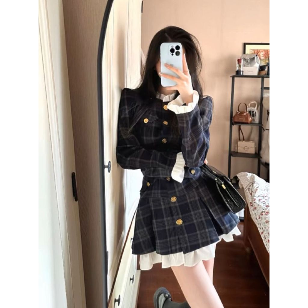 Bộ vest kẻ caro phong cách retro của Anh dành cho nữ, mùa thu đông, bộ hai món gồm áo blazer và chân