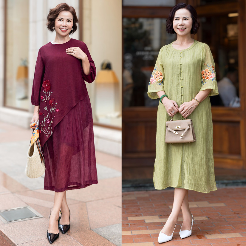 M COLLECTION | Váy Đầm Nữ Trung Niên Tặng Mẹ U50 U60 U70 Sang Trọng Tay Lỡ Thêu Hoa D12779 + D12354