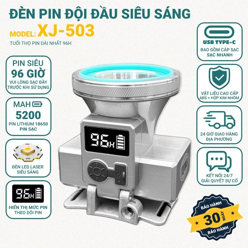 Đèn Pin Đội Đầu XJ503 Led Lazer Siêu Sáng Pin 5200MAH, Công Suất Cao, Kèm Dây Sạc + Củ, Đai đội đầu
