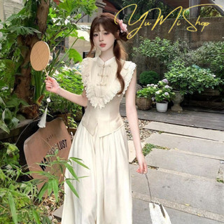 Bộ Đồ Hai Chiếc Phong Cách Trung Quốc Mới, Áo Không Tay Chít Eo Ghép Ren, Váy Dài Nửa Người Xẻ Tà