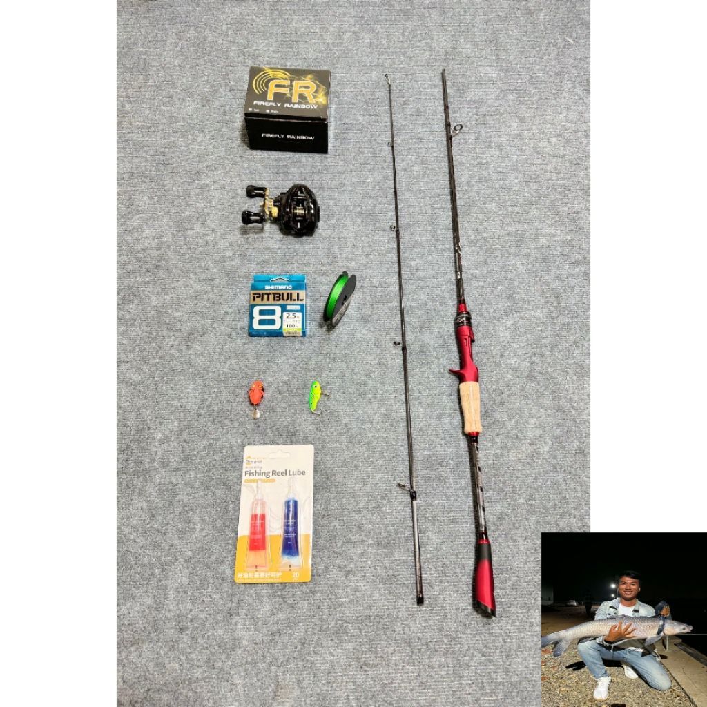 Combo Cần Lure Bọ Cạp Đỏ & Máy Ngang FR200 kèm Dây PE, 2 Mồi & Dầu Bảo Dưỡng miễn phí