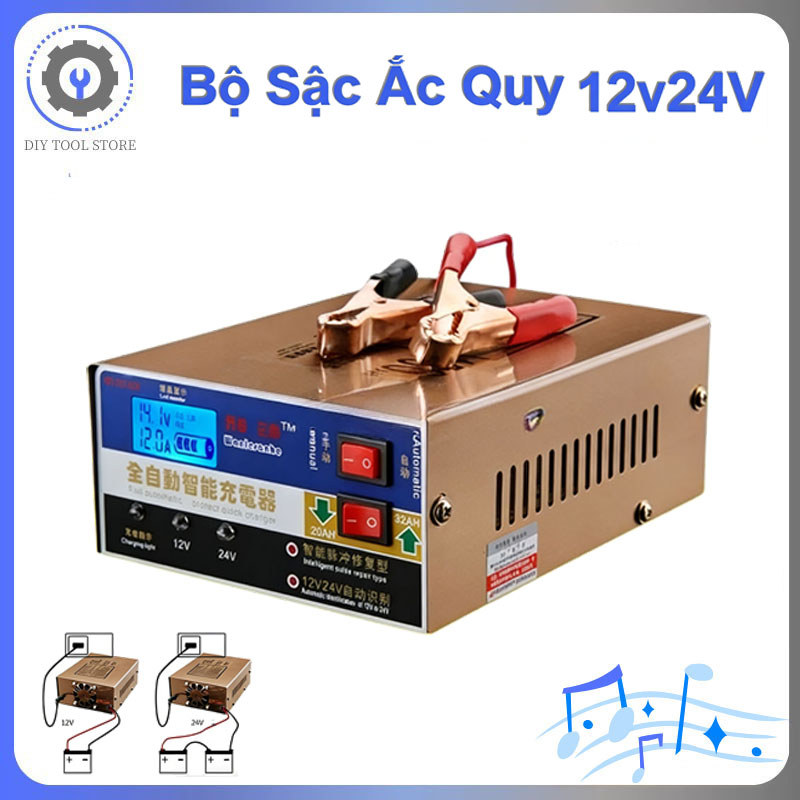 Sạc Ắc Quy 12V-24V 100AH Tự Ngắt Khi Đầy Cho Ô Tô, Xe Máy - Full Box Phụ Kiện