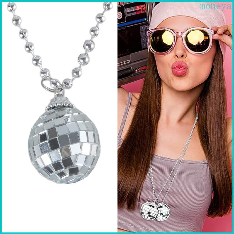 Stylish Mirror Disco  Necklace 70s Beaded Neckchain Vintage Pendant Neckwear