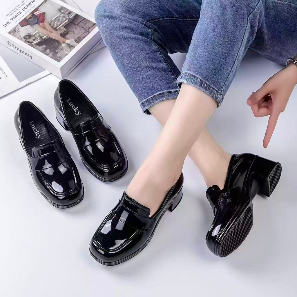 Giày lười nữ - Giày công sở Gót vuông 4cm chất liệu PU bóng chống nước cổ điển ấm chân tăng 1 size t