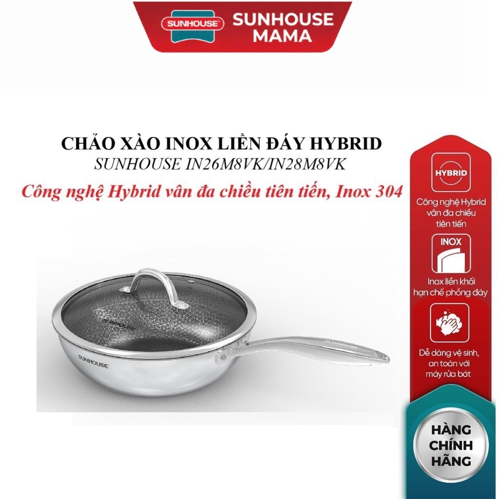 Chảo xào inox liền đáy Hybrid Sunhouse IN26M8VK/N28M8VK, Công nghệ Hybrid vân đa chiều tiên tiến, In