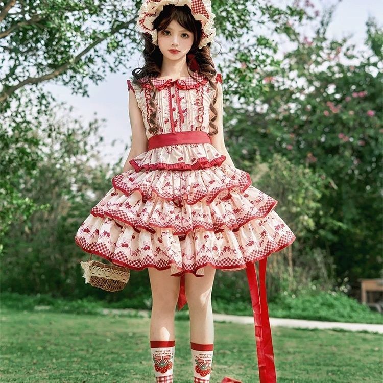 Váy Đỏ Ngắn lo Người Yêu Váy Chia Ripe Anh Đào lolita lolita Ánh Sáng Phù Hợp Với Bánh Hàng Ngày Dễ 