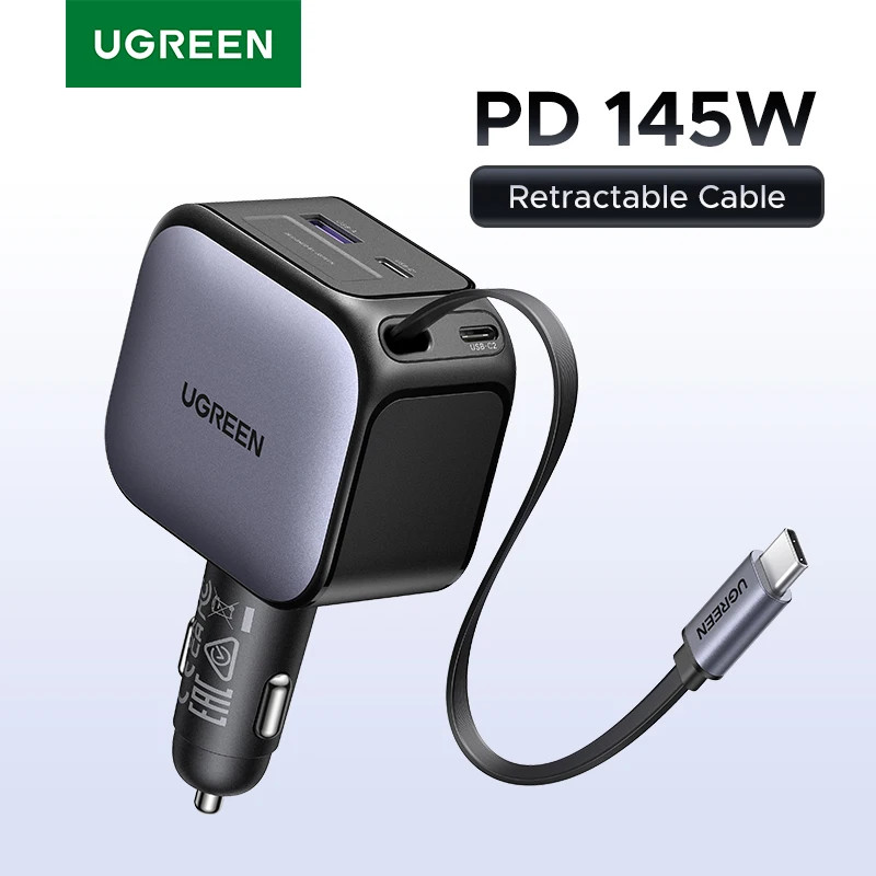 Bộ sạc ô tô UGREEN 145W 90W 60W Cổng UsbC & UsbA Sạc nhanh với cáp có thể thu vào cho iPhone 17