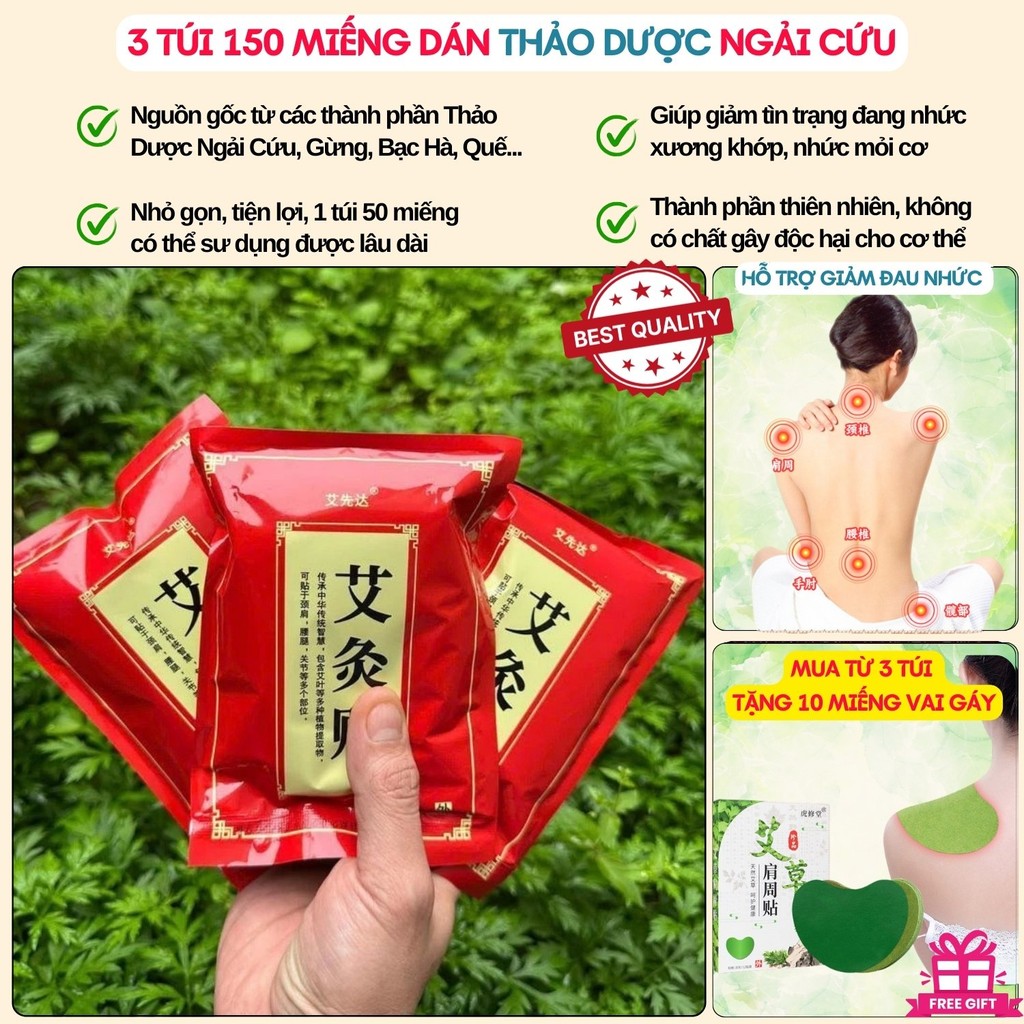 3 Túi 150 Miếng Dán Ngải Cứu Giảm Đau Cổ Vai Gáy, Cao Dán Ngải Cứu