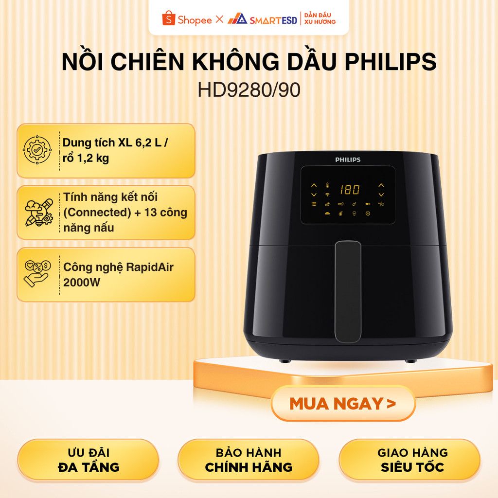 Nồi Chiên Không Dầu Philips HD9280 /90 Essential size XL 6.2L Digital Connected - bảo hành 2 năm