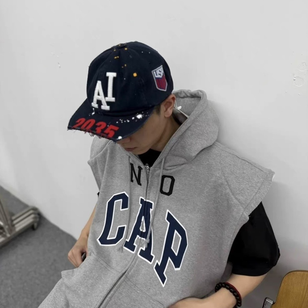 NAAO  Grailz Project 25ss Distressed eaves with ink splashes AI Slogan baseball cap for men and wome