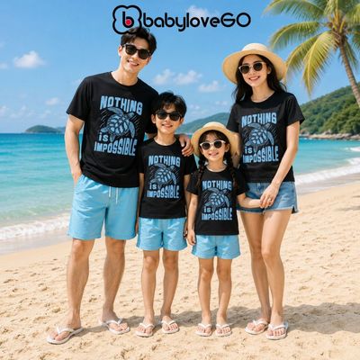 Áo gia đình BabyloveGO, áo du lịch, đi biển cổ tròn cotton 100% co giãn 4 chiều, đủ size cho bố mẹ và bé 10-80kg