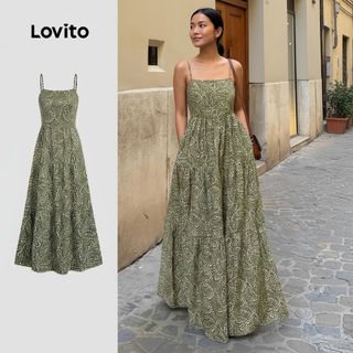 Lovito Kỳ nghỉ Váy Nữ Dây Vai Điều Chỉnh Xòe Viền Xuân Hè L137ED320