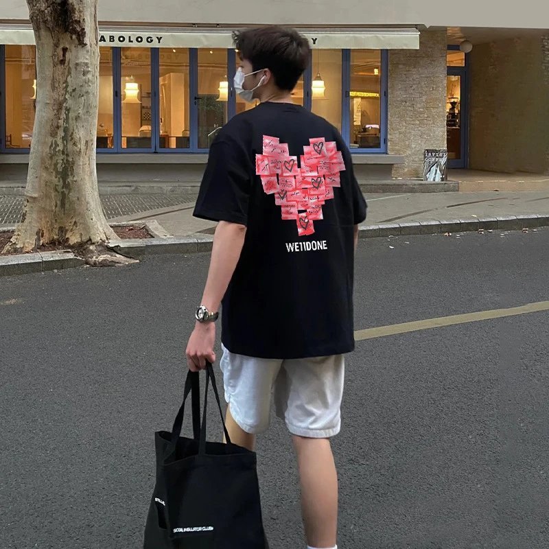 WE11DONETRACK Back Love High Street Wear American Loose WELLMIKI Áo thun ngắn tay nặng nam