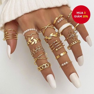Bộ 22 Món Thời Trang Giả Ngọc Trai Lá Hoa Thiết Kế Hình Học Bộ Nhẫn Nữ