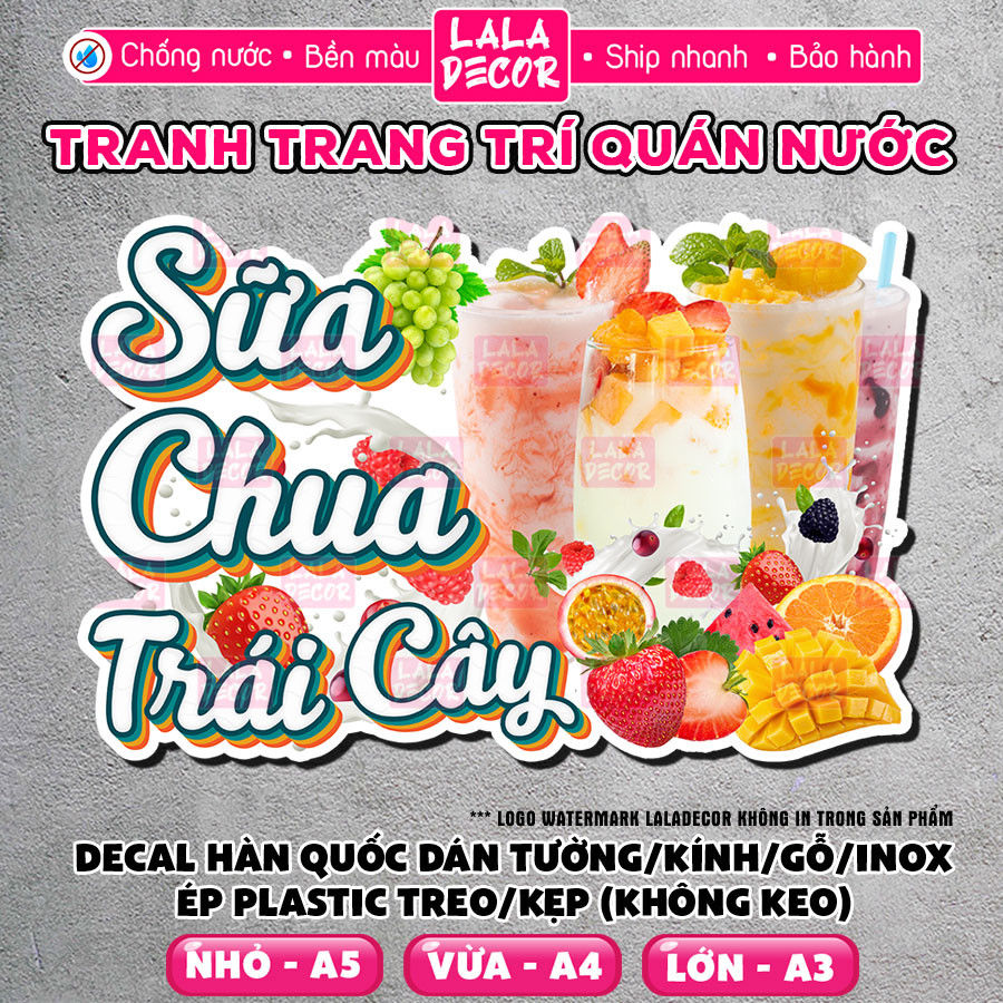 Tranh Dán Tường Sữa Chua Trái Cây Chống Nước 🎀 Decal Sữa Chua Trái Cây Sẵn Keo/Ép Plastic, Decal Tra