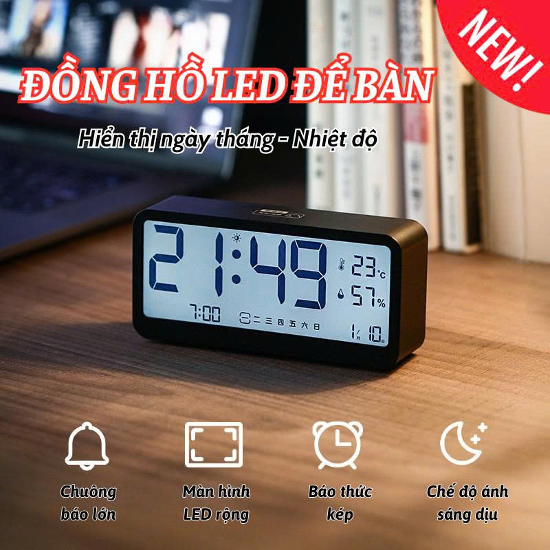 Đồng Hồ Báo Thức Lily's Decor Để Bàn – Màn Hình LCD Hiển Thị Thời Gian, Nhiệt Độ, Độ Ẩm
