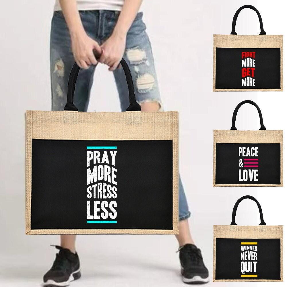 Twilly Jute Bag Jute Tote Bag Shopping Bag Daily Storage Bags Phrase Printing Series Large Capacity 