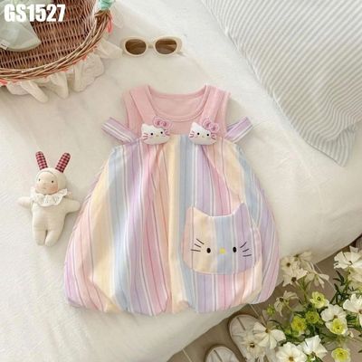 Set Áo Yếm Sọc Pastel Đính Mèo Phối Túi Mèo cho bé gái mềm thoáng mùa hè MINTSCLOSET GS1527