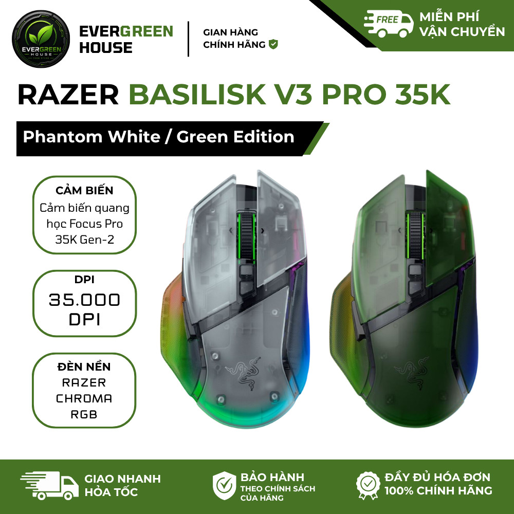 Chuột Gaming Razer Basilisk V3 Pro 35K Phantom White Edition | Không Dây | Focus Pro 35K | Switch Ge
