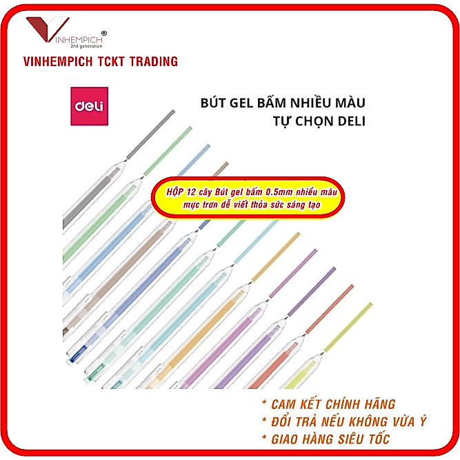 Hộp 12 cây bút gel nước Deli EG118 ngòi 0.5mm xinh xắn nhanh khô viết đều trơn tru nhiều mực