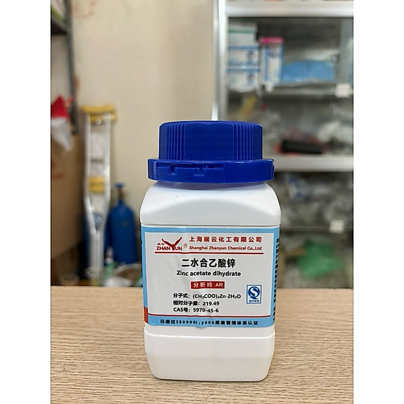 Kẽm acetat Zinc acetate dihydrate CAS 5970-45-6 C4H6O4Zn lọ 500g Zn(CH3COOH)2 xilong hoặc Zhangyun