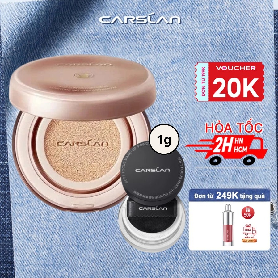 Combo Cushion CARSLAN  Dưỡng Ẩm Cho Da Khô Che Phủ Tự Nhiên + Phấn Phủ Bột Mini 1g Giữ Nền Makeup