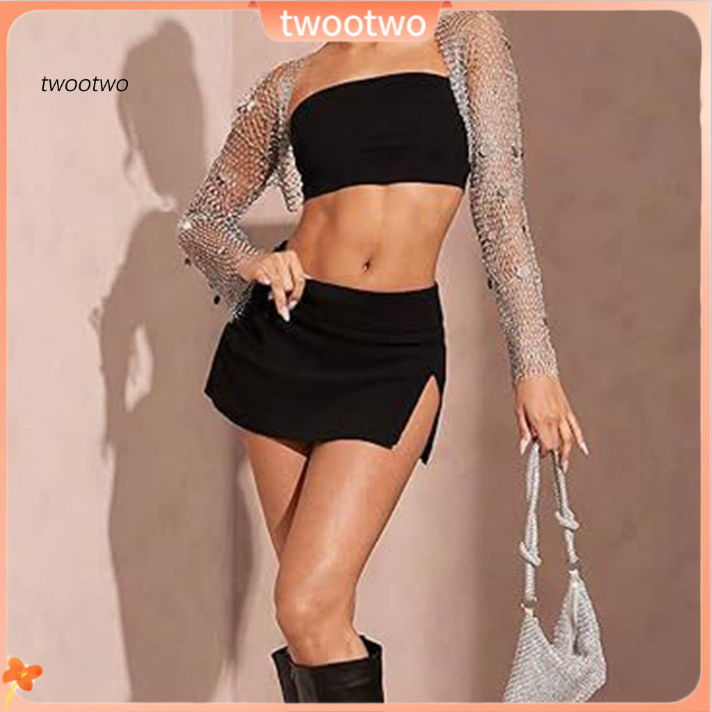 [twootwo] Fishnet Shrug Sexy Fishnet Shrug Nữ Sequin Kim Cương Giả Lưới Shrug Bolero Tay Dài Lấp Lán