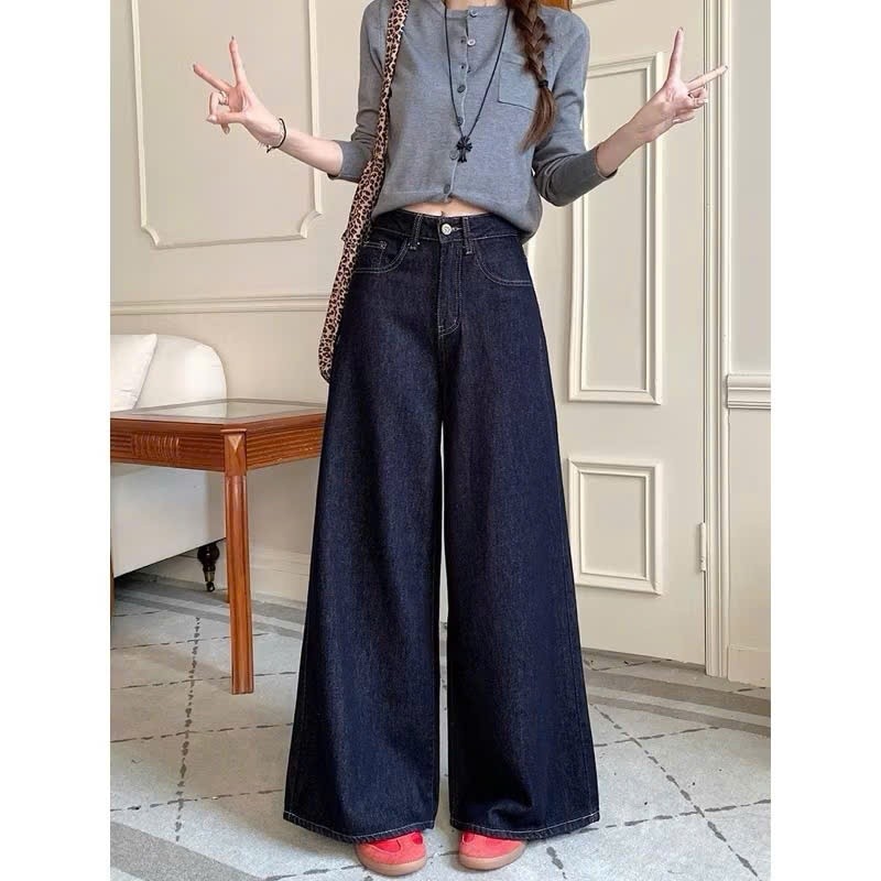 Quần Jean Nữ Bigsize Ống Rộng Cạp Cao Ống Đứng Rộng Rãi Màu Xanh Đậm/Trắng Q548