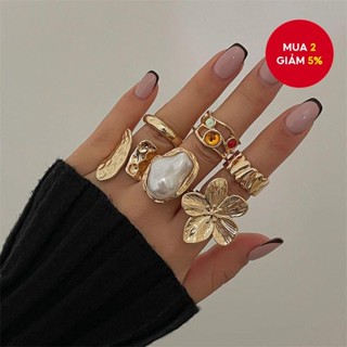 Bộ 6 nhẫn hoa lửa lỏng - Nhẫn vàng bạc điều chỉnh ngọc trai, quà tặng trang sức cổ điển cho phụ nữ