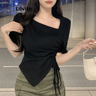  Lovito Áo thun giản dị có dây rút trơn Áo thun xếp nếp cho nữ LNE33146  Trắng   Đen  