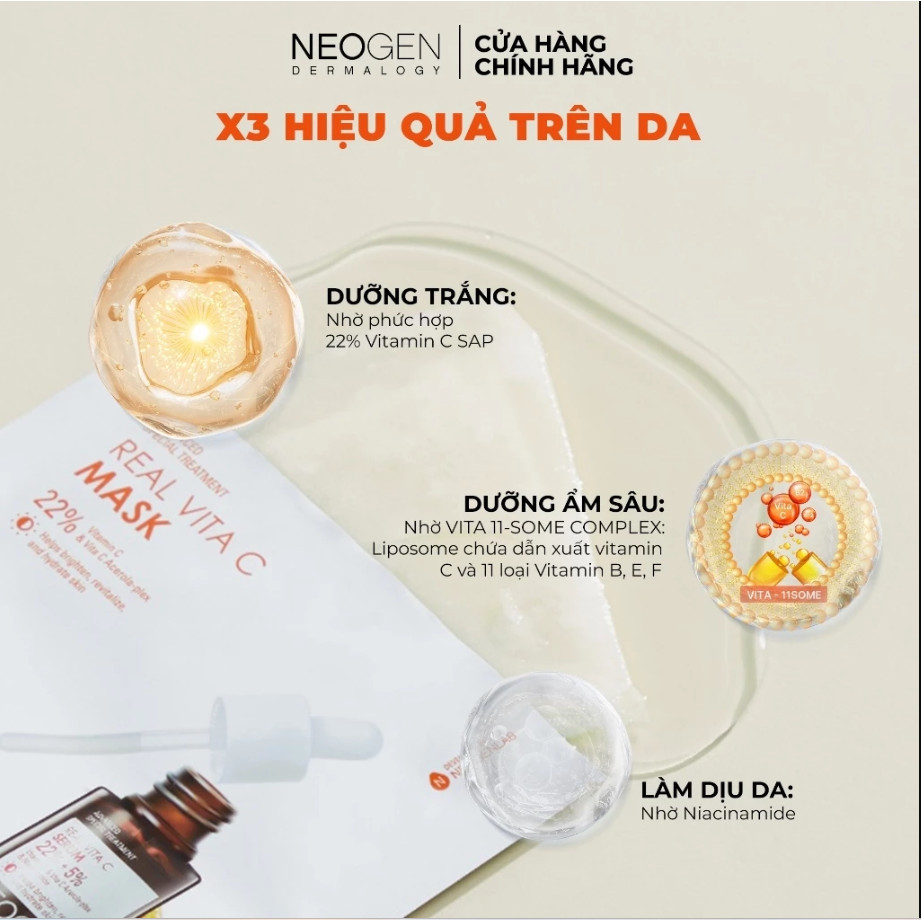 Ảnh 2 của Mặt nạ Neogen Serum x3 dưỡng trắng mờ thâm Vita C Mask 28g/miếng