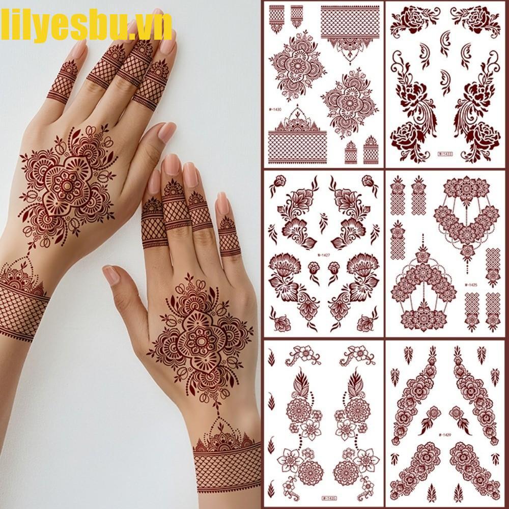 LILYESBU Henna Hình Xăm Dán, Đỏ Mehndi Dán Chân Cánh Tay Hình Xăm Tạm Thời, Ren Đỏ Henna Hình Xăm Re