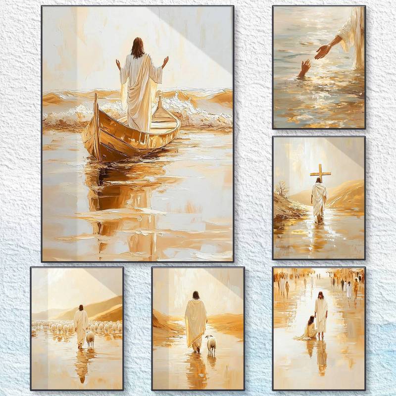 Golden Jesus Christian Canvas Nghệ Thuật Treo Tường Đi Bộ Trên Nước Đức Tin Poster Bộ Tôn Giáo Trang