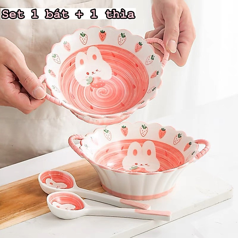 Bát Sứ Thỏ Ôm Dâu Kèm Thìa (1 Bát + 1 Thìa)