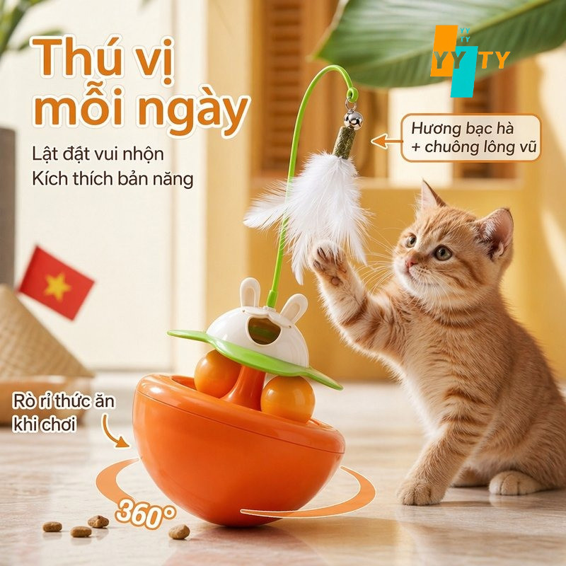 Đồ Chơi Cho Mèo Banh Lắc Lư Chống Lật Lông Vũ Chuông Bạc Bạc Hà Giảm Stress Rò Thức Ăn
